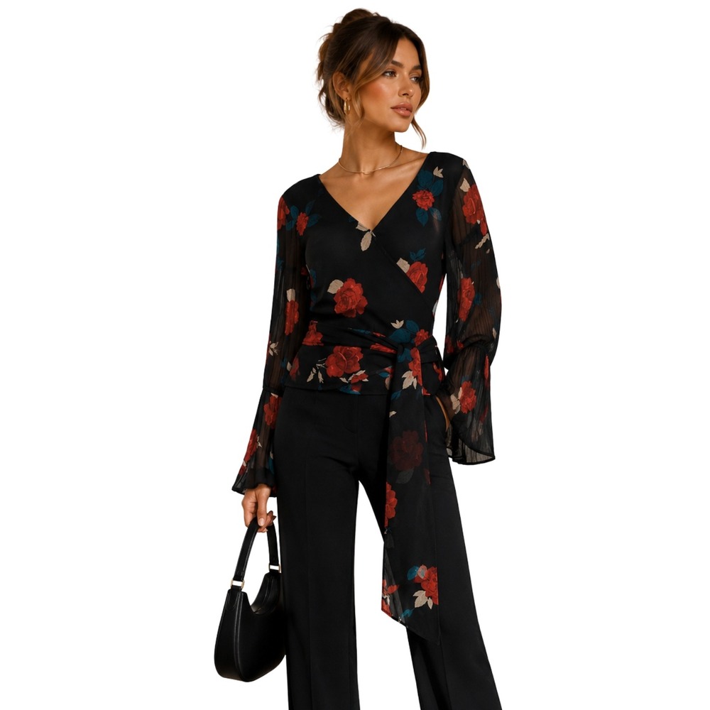 Club Monaco Top Womens XS Black Red Silk Wrap Rose Floral Long Smocked Sleeve